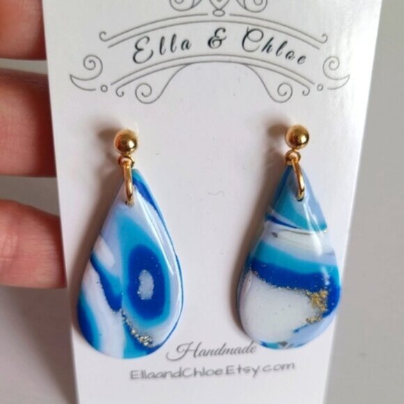 HandCrafted Gold Blue White Agate Gemstone Resin Large Tear Drop Dangle Earrings - Picture 2 of 8